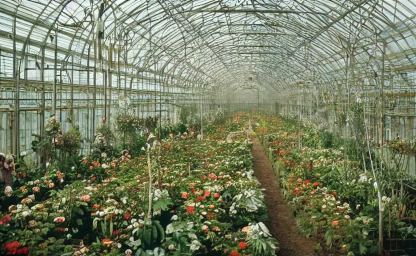 Image similar to Inside a Victorian greenhouse by stanley kubrick, shot by 35mm film color photography