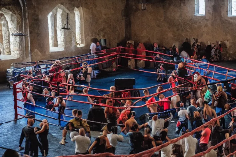 Image similar to boxing ring in medieval castle, knights and jesters gathered around, dslr photo, national geographic, live footage