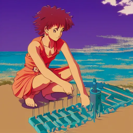 Prompt: girl making a sand castle on the beach, sprite, vaporwave nostalgia, visual novel cg, 8 0 s anime vibe, kimagure orange road, yu - no, initial d, sketch by by osamu tezuka, directed by beat takeshi, wallpaper, ultra hd, vlc screenshot