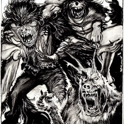 Image similar to fantasy artwork of Tom Waits and William S Burroughs fighting werewolves as drawn by Bernie Wrightson