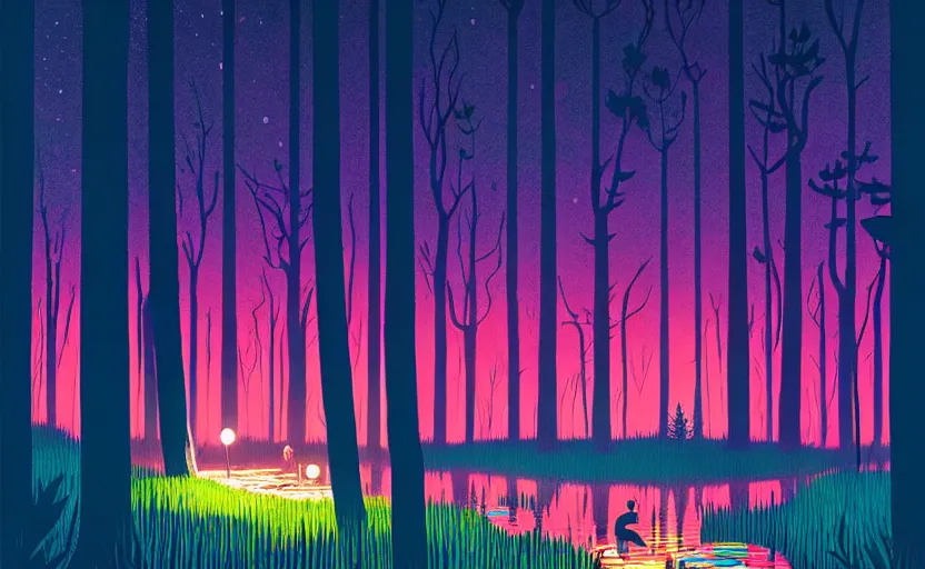 Prompt: a pond in the forest, moonlight, wild flower garden, summer city night, very coherent and colorful high contrast art by simon stalenhag james gilleard floralpunk screen printing woodblock, dark shadows, pastel color, hard lighting