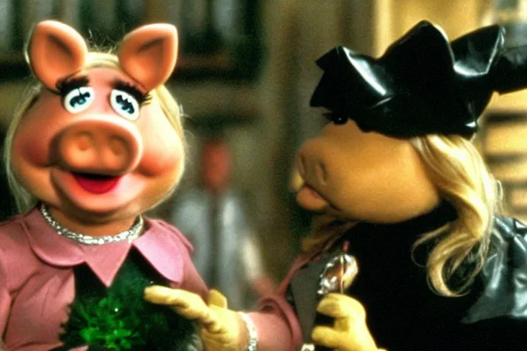 Image similar to movie still of miss piggy starring as trinity in the matrix 1 9 9 9 movie