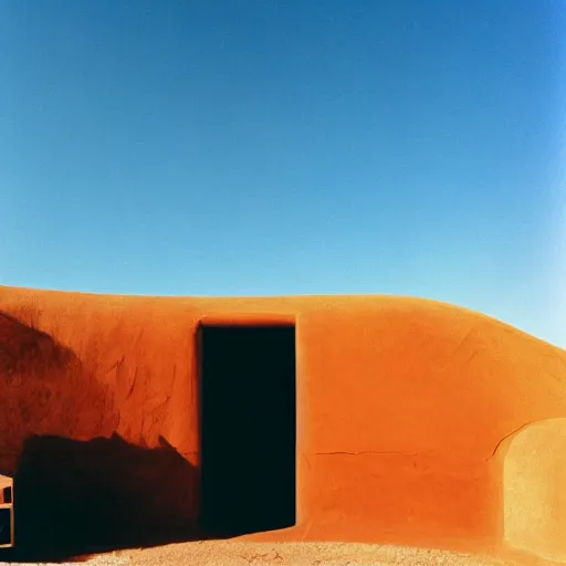 Image similar to a man sitting outside a Non-Euclidean orb-like clay house sitting in the desert, vintage photo, beautiful cinematography, blue sky, film grain, extreme wide shot, far away, James Turrell