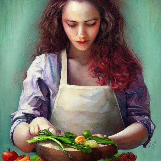 Image similar to a beautiful painting of a gorgeous young mother chopping vegetables on a weathered cutting board, representative of the art style of artgerm and wlop and peter mohrbacher