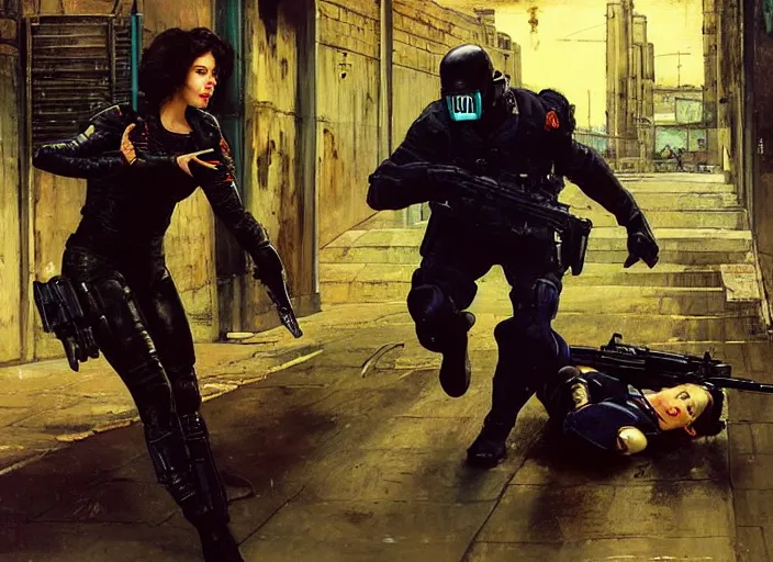 Prompt: Selina evades sgt Griggs. Cyberpunk hacker escaping Menacing Cyberpunk police trooper griggs. (dystopian, police state, Cyberpunk 2077, bladerunner 2049). Iranian orientalist portrait by john william waterhouse and Edwin Longsden Long and Theodore Ralli and Nasreddine Dinet, oil on canvas. Cinematic, vivid colors, hyper realism, realistic proportions, dramatic lighting, high detail 4k