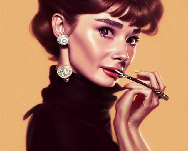 Image similar to photography of audrey hepburn in breakfast at tiffany's, deep focus, intricate, elegant, highly detailed, digital painting, artstation, concept art, matte, sharp focus, illustration, art by artgerm and greg rutkowski and alphonse mucha