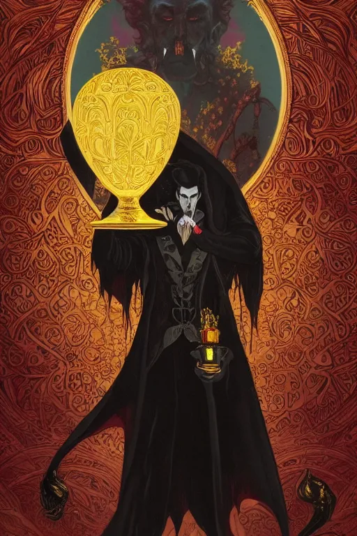 Prompt: dracula, holding golden chalice, ornate tarot card on black paper with moon frame, vibrant color with gold speckles, in style of alfons mucha and peter mohrbacher and michelangelo, horror art, trendy on artstation