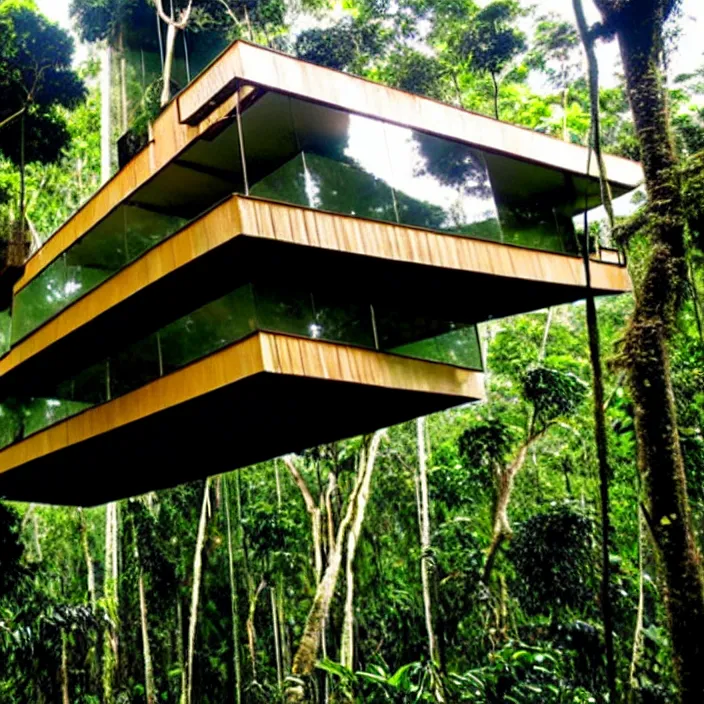 Image similar to cantilevered treehouse in the amazon jungle