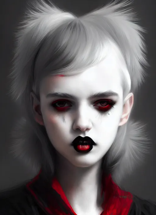 Image similar to portrait of white teenage girl, normal face, black bangs, mall goth, cyberlox, black and white hair, bangs, fluffy bangs, red contacts, intricate, elegant, highly detailed, digital painting, artstation, concept art, sharp focus, smooth, illustration, art by wlop, mars ravelo and greg rutkowski