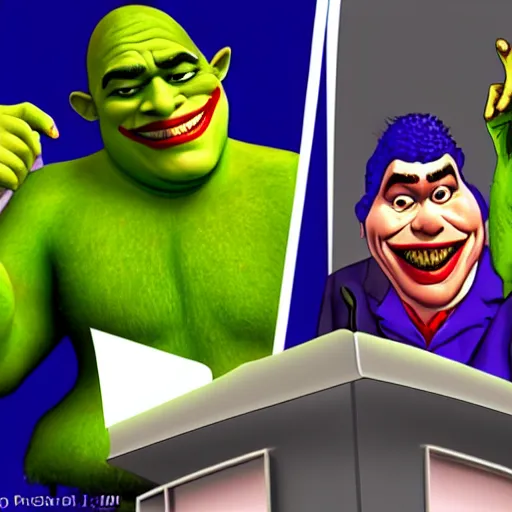 Prompt: photograph of a presidential debate between the Joker and Shrek. 8k resolution. hyperrealism.
