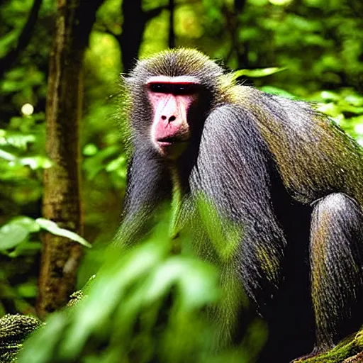 Prompt: rainbow baboon in a forest national geographic photograph detailed