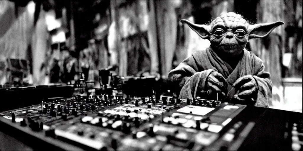 Prompt: Yoda at the dj table dropping sick beats , frightening, ghastly, photorealistic, old film, 35mm film, found film, scary, ominous,, by bruce davidson, on hasselblaad