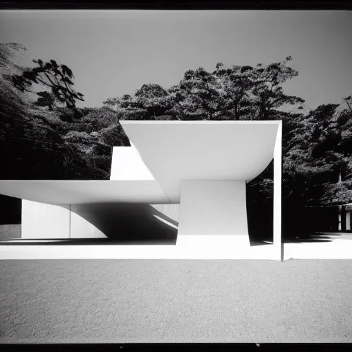 Prompt: white house by tadao ando in the tropical wood, part is clean drawing figure, mystic, melancholy, pinhole analogue photo quality, lomography, scratches on photo, monochrome - w 8 0 0