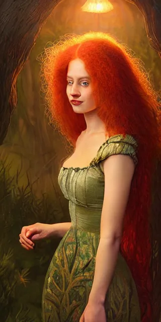 Prompt: young woman, smiling amazed, firefly lights, full covering intricate detailed dress, amidst nature, long red hair, precise linework, accurate green eyes, small nose with freckles, beautiful oval shape face, empathic, expressive emotions, dramatic lights, hyper realistic ultrafine art by artemisia gentileschi, jessica rossier, boris vallejo