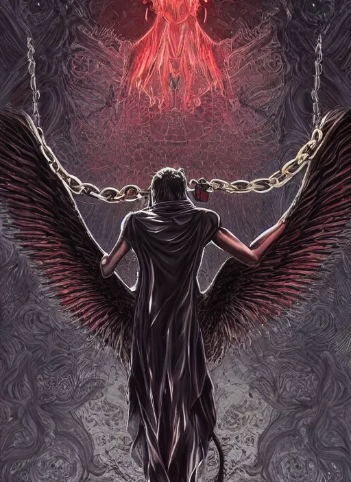 Image similar to lucifer, dark angel, red eyes, chain, handcuffs, large chain, wide open mouth, scream, cruelty, sad, sea bottom, light effect, hyper detailed, intricate, elegant, highly detailed, digital painting, artstation, concept art, matte, sharp focus, illustration, by dan mumford, yusuke murata, makoto shinkai, ross tran