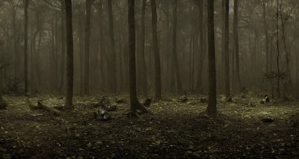 Prompt: A dense and dark enchanted forest with a swamp, by gregory crewdson