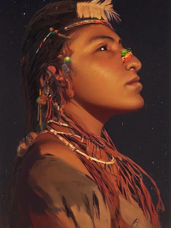 Prompt: an ultradetailed beautiful portrait painting of an female tribe native at a campfire at night, side view, oil painting, high resolution, by ilya kuvshinov, greg rutkowski and makoto shinkai