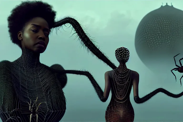 Prompt: realistic detailed photorealistic portrait movie shot of a beautiful black woman with a giant spider, dystopian city landscape background by denis villeneuve, amano, yves tanguy, alphonse mucha, ernst haeckel, david lynch, edward robert hughes, roger dean, cyber necklace, rich moody colours, wide angle