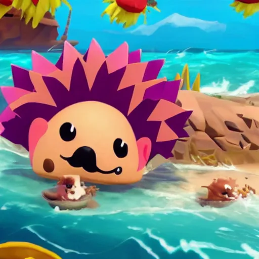 Image similar to hedgehog in a bikini in sea of thieves, hedgehog wearing a bikini, cute, colourful, happy, adorable, funny
