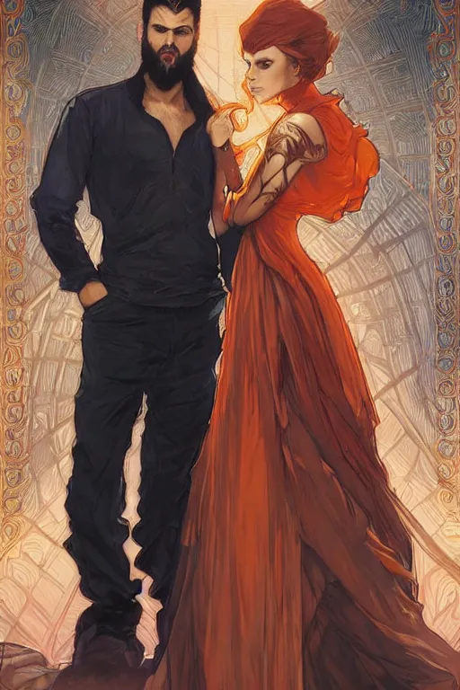 Image similar to bearded young man wearing orange t - shirt and tinfoil hat fastens zipper on beautiful black dress of his spouse before going to exquisite gala art by artgerm and greg rutkowski and charlie bowater and magali villeneuve and alphonse mucha