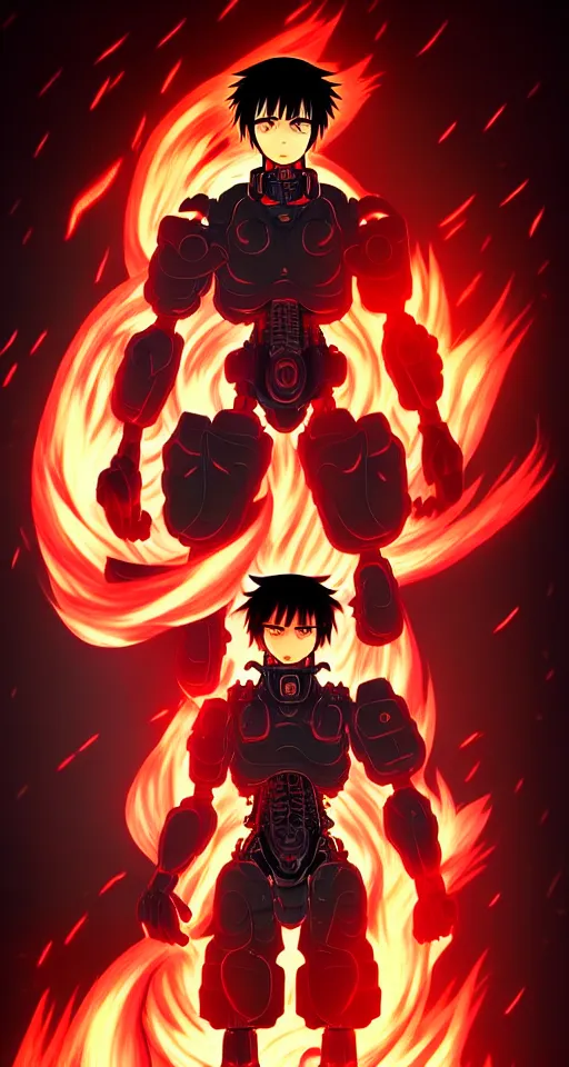 Image similar to a detailed manga full body portrait illustration of a dark haired cyborg anime man surrounded by fire, detailed artwork, realism, 4 k resolution, detailed, high quality, sharp focus, hq artwork, insane detail, volumetric lighting, character concept art, fine details, clear subject, central subject