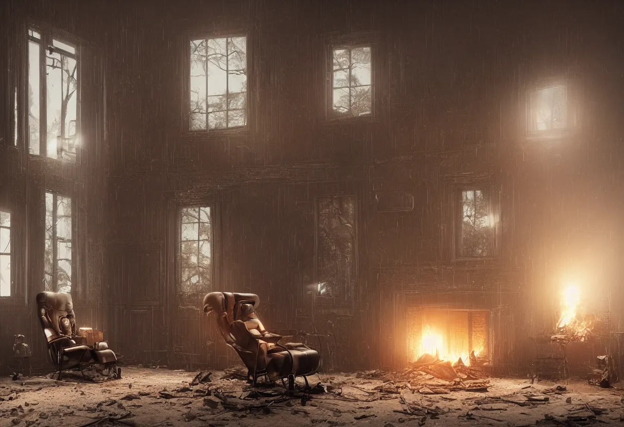 Image similar to An intimate closeup portrait photograph of a solitary futuristic robot sitting on a frayed recliner in front of a beautiful fireplace with a cozy fire, in a dilapidated steampunk Victorian home, soft morning light seeping in a window, with cinematic lighting and lens flare, tall ceiling, octane render, cgsociety, by Simon Stalenhag and Alfonso Cuaron, highly detailed close shot , award-winning highly detailed 8k anamorphic Arri Alexa Cooke cinematic movie photograph