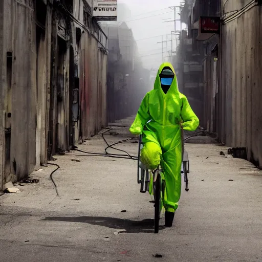 Image similar to a photo of a female wearing a hazmat suit, riding a bike, side-view, smoke in the background, filthy streets, broken cars. Vines growing. Jpeg artifacts. Full-color photo. Color color color color color. Award-winning photo. OM system 12–40mm PRO II 40mm, 1/100 sec, f/2 8, ISO 800