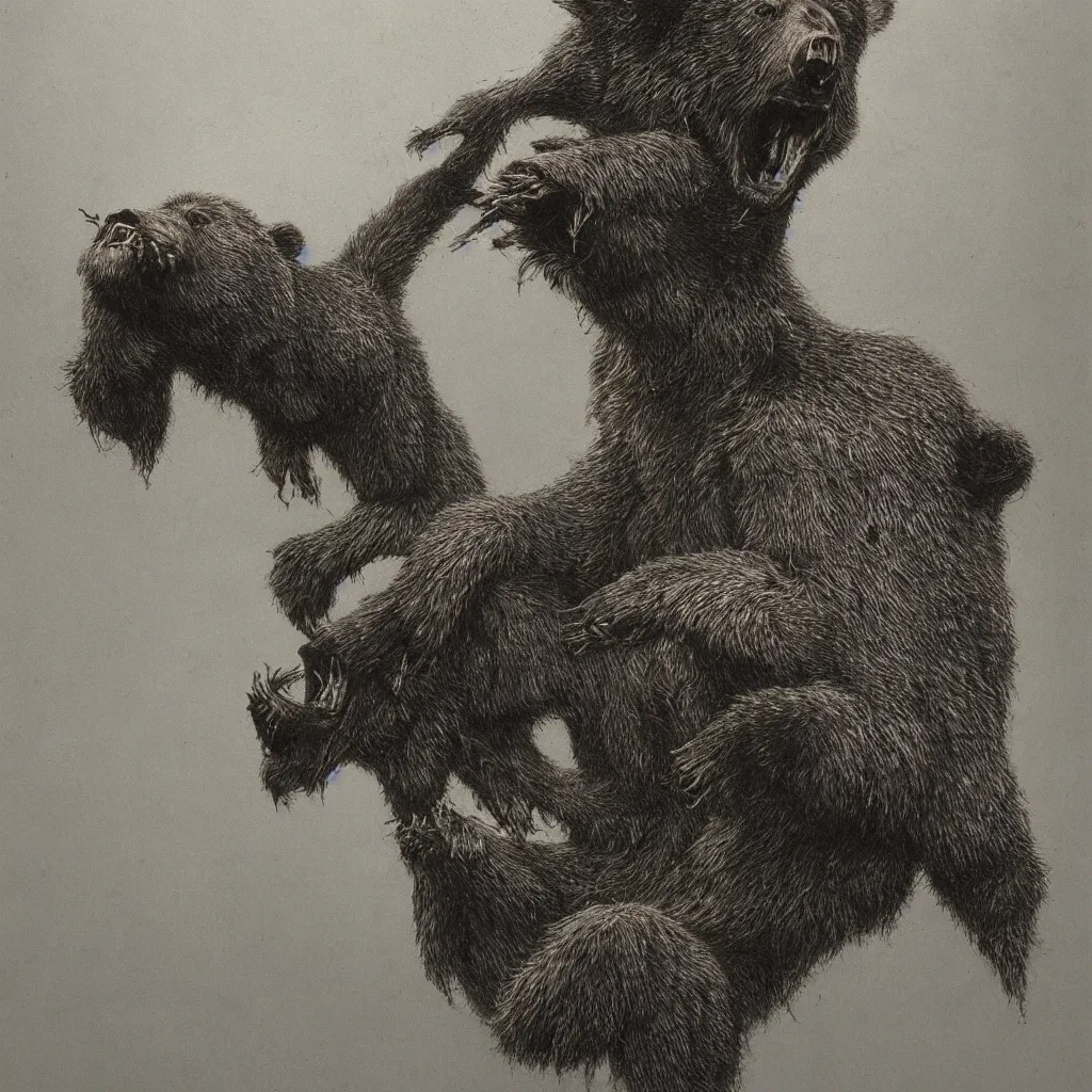 Image similar to horrifying bear, fangs, style of zdislaw beksinski