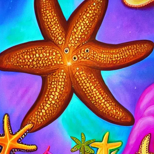 Image similar to a painting of a giant brown starfish with the words c and starfish in big letters. children in a school band playing nearby, playing instruments. realistic. ultra detailed. art by lisa frank