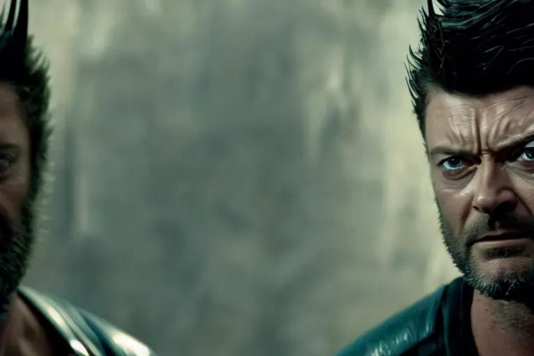 Image similar to film still frame of karl urban as wolverine, beard, wolverine's face, wolverine's claws, adamantium, high quality