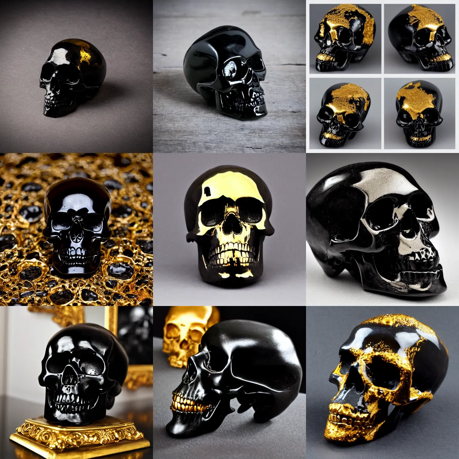 Prompt: black shiny onyx human skull with molten gold dripping from top slips over