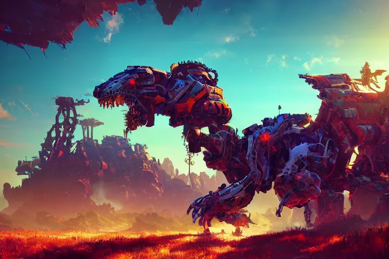 Image similar to behemoth machine mecanical creature robot of horizon forbidden west horizon zero dawn radiating a glowing aura global illumination ray tracing hdr fanart arstation by ian pesty and alena aenami artworks in 4 k