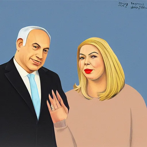 Image similar to A portrait of Benjamin Netanyahu and Sara Netanyahu by Grant Wood