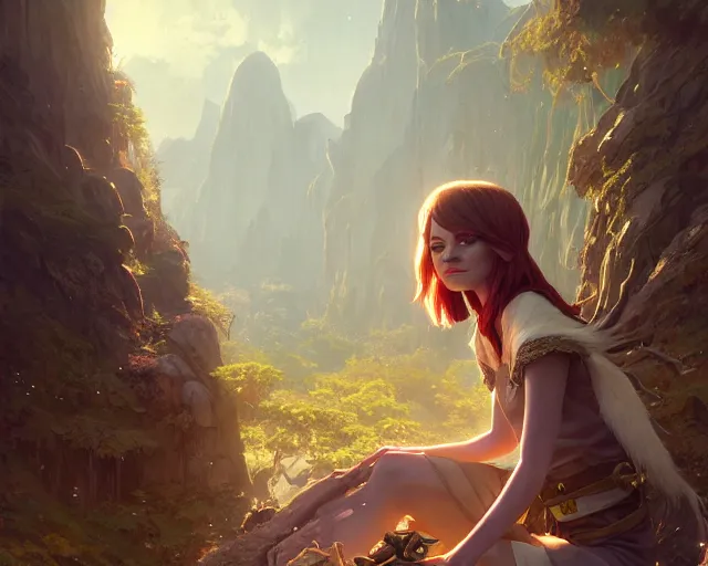 Image similar to highly detailed portrait of emma stone as an elf, in gta v, stephen bliss, unreal engine, fantasy art by greg rutkowski, loish, rhads, ferdinand knab, makoto shinkai and lois van baarle, ilya kuvshinov, rossdraws, tom bagshaw, global illumination, radiant light, detailed and intricate environment