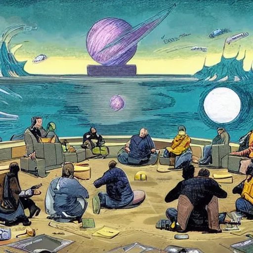 Image similar to people sitting around witnessing the last day of planet earths destruction