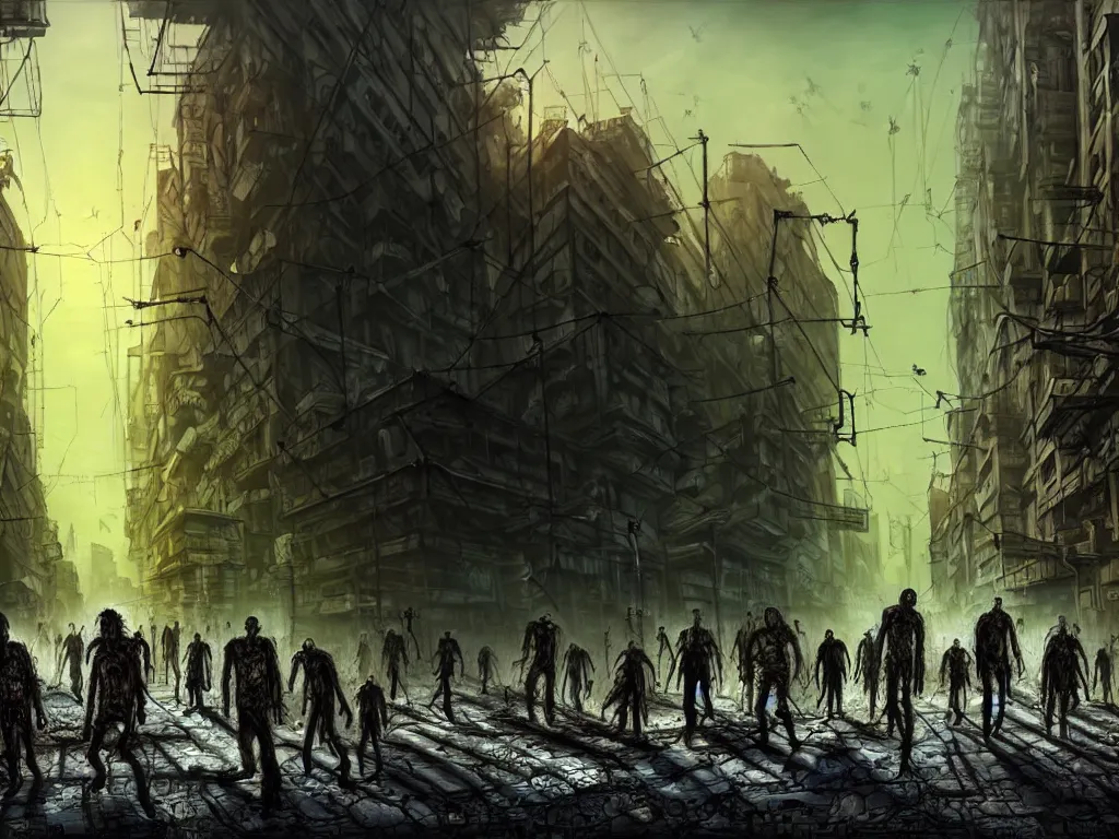 Prompt: post apocalyptic city landscape zombies roaming, very highly detailed, digital painting, 4 k, sharp focus, art