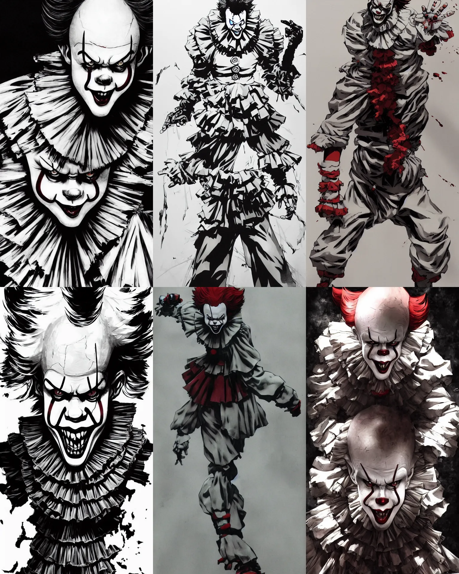 Prompt: Pennywise illustrated by Yoji Shinkawa, dynamic pose, full body, hi res