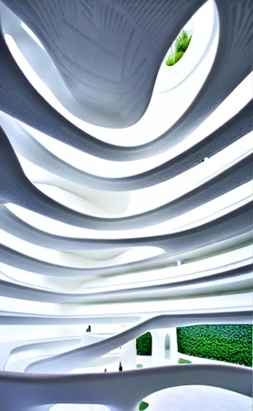 Image similar to xinming parametric architecture, interior design, tall wide room with kitchen and livingroom, futuristic pavilion, surreal, all white, luxurious, spiral 3 d printed walls, scale figures, 8 k rendering, insanely detailed, white building, curves, zaha hadid, vincent callebaut