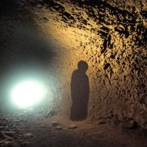 Image similar to A super creepy shadow figure in the darkness of a cave, 35mm, flash photography