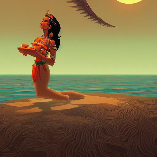 Prompt: mayan priestess floating over an ocean, sharp focus, james gilleard, moebius, print, cinematic, surreal, game art