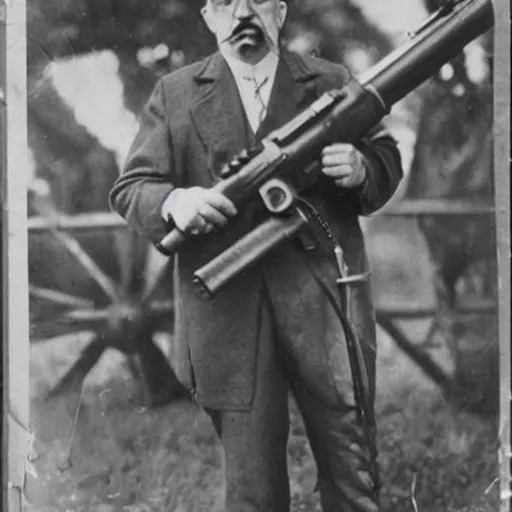 Prompt: old wartime photograph of homer simpson holding a lewis gun, 1 9 1 7