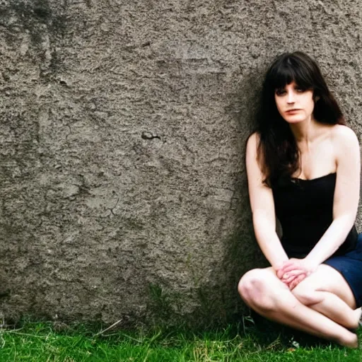 Prompt: zooey channel wearing a cop uniform, sat on a wall, Ireland, Beautiful, modeling shot, scenic, photo