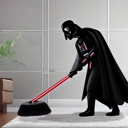 Image similar to Darth Vader mopping the house, photo realistic, award-winning, highly-detailed