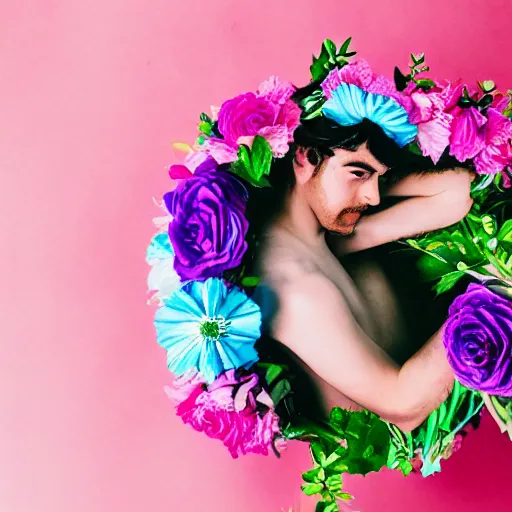 Image similar to guy, flower crown, milk bath photography, aerial view, close up, faded!, 9 0 s vibe, vaporwave colors,