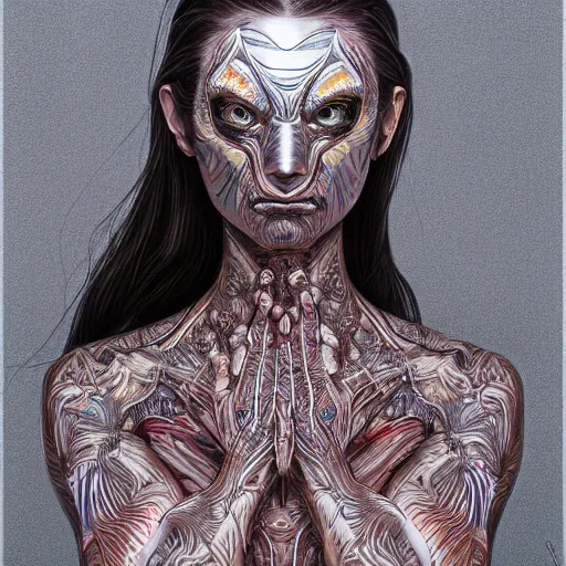 Image similar to ar filter designed by sorayama and ikeuchi painted in alex grey style drawn by vania zouravliov, inspired by boredoms, intricate manga drawing, photorealistic, 3 d, high detail, sharp high detail, artstation, octane