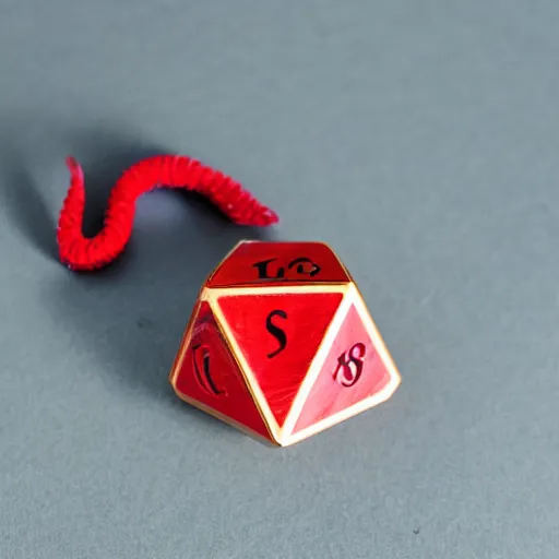 Image similar to a red dragon holding a red icosahedron die, white background