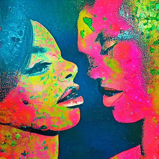 Image similar to double exposure of two women kissing ( closeup ) and a psychedelic painting, lomography. this photograph is subsequently printed out and splattered with paint. mixed media collage art with magazines and found art