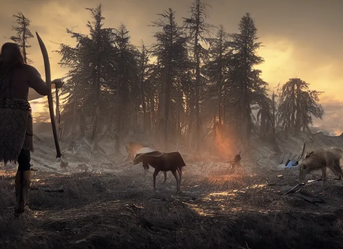 Image similar to a viking guiding a moose through an abandoned viking village, burnt huts, bodies on the ground, dramatic dramatic lighting, dawn, by caspar david friedrich, unreal engine 5