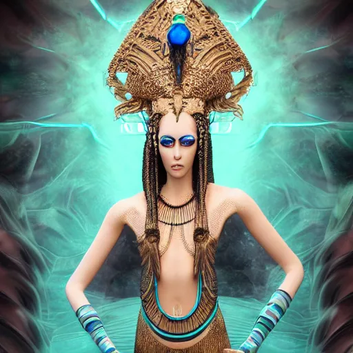 Image similar to unreal engine, octane render, 8 k, sandro botticelli portrait of egyptian sumerian goddess princess intergalactica, nautical siren, queen of heaven, techno mystic goddess, with aqua neon dreadlocks, teal eyebrows encrusted with diamonds, wearing iris van herpen haute couture, star - gate of futurisma,