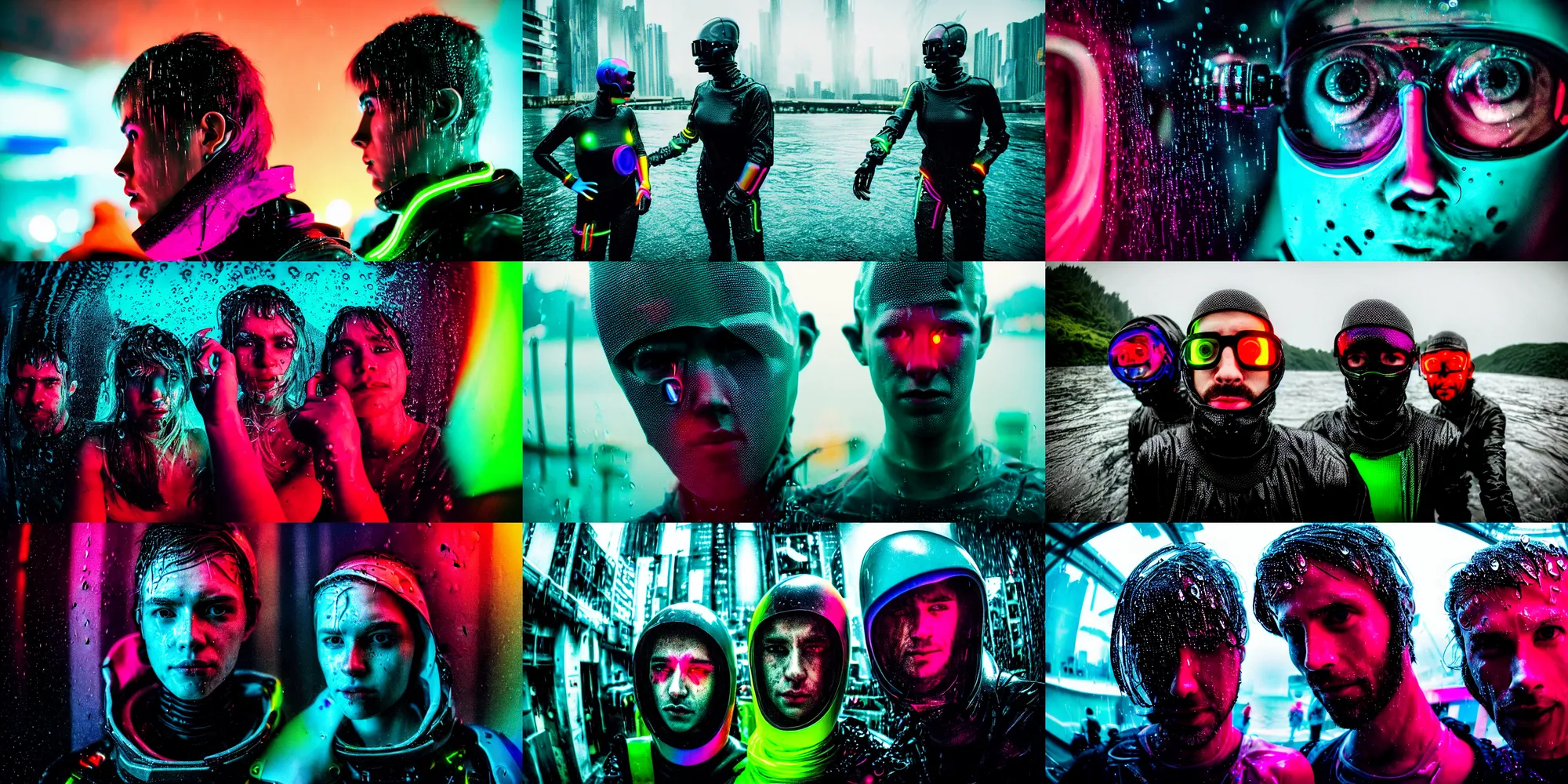 Prompt: cinestill 5 0 d candid photographic portrait by robert capas of 2 cyborgs wearing rugged neon rainbow mesh techwear in treacherous waters, extreme fisheye closeup, bokeh, modern cyberpunk moody depressing cinematic, pouring rain, 8 k, hd, high resolution, 3 5 mm, f / 3 2, ultra realistic faces, ex machina